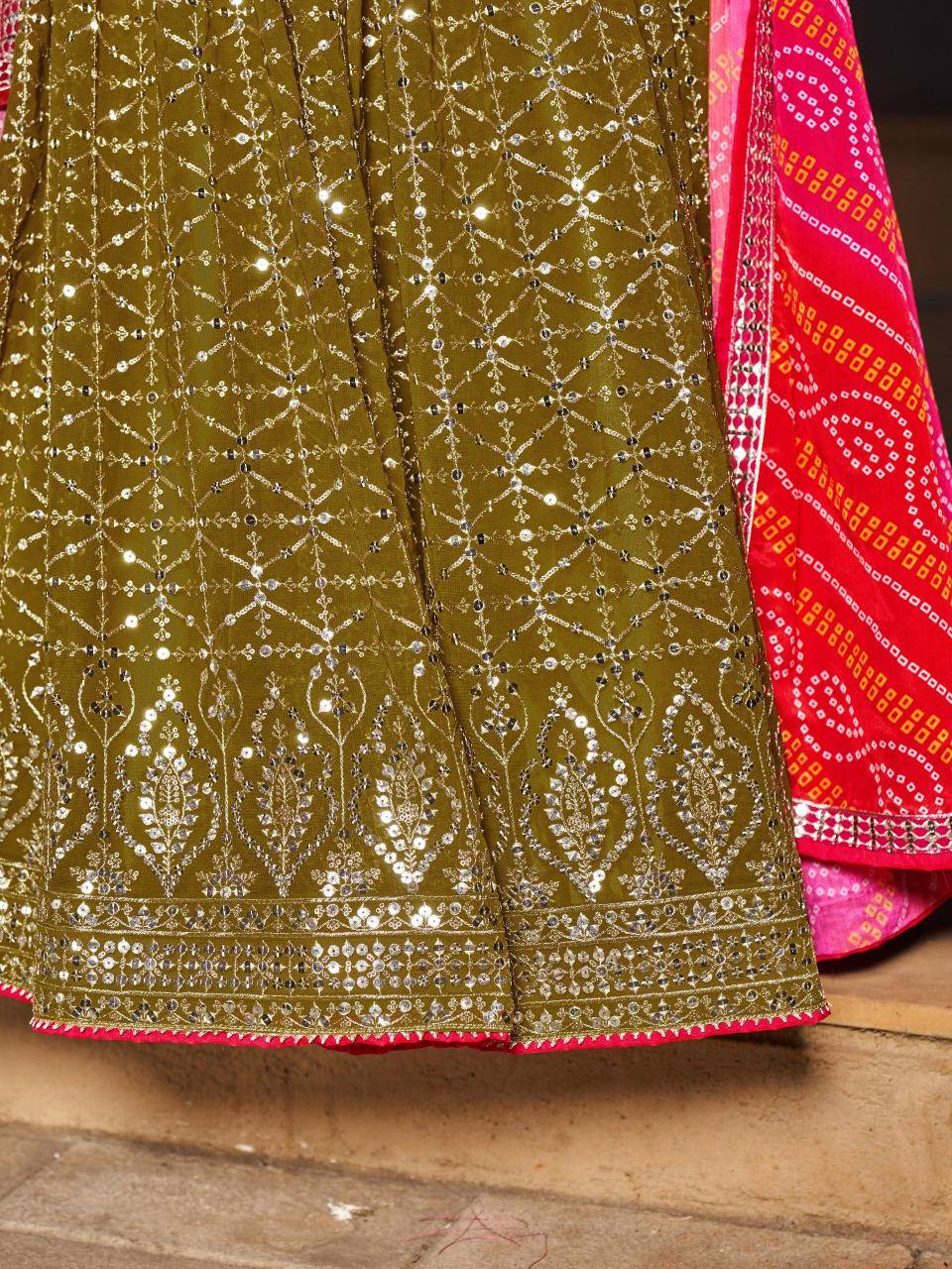 Olive Embroidered Georgette Green Bollywood style lehenga choli wholesale